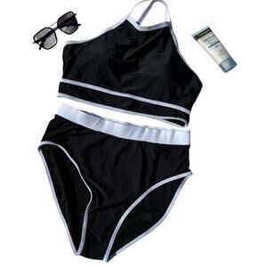 Blooming Jelly Bikini Set L NWT High Neck Black White 2pc Swimwear Stretch